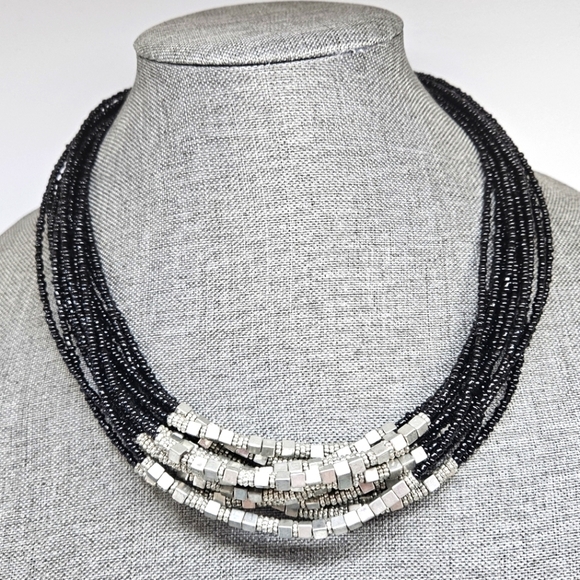 Unique Black Seed Bead Multi-Strand Necklace Silver-Tone Accents Boho - Picture 3 of 6